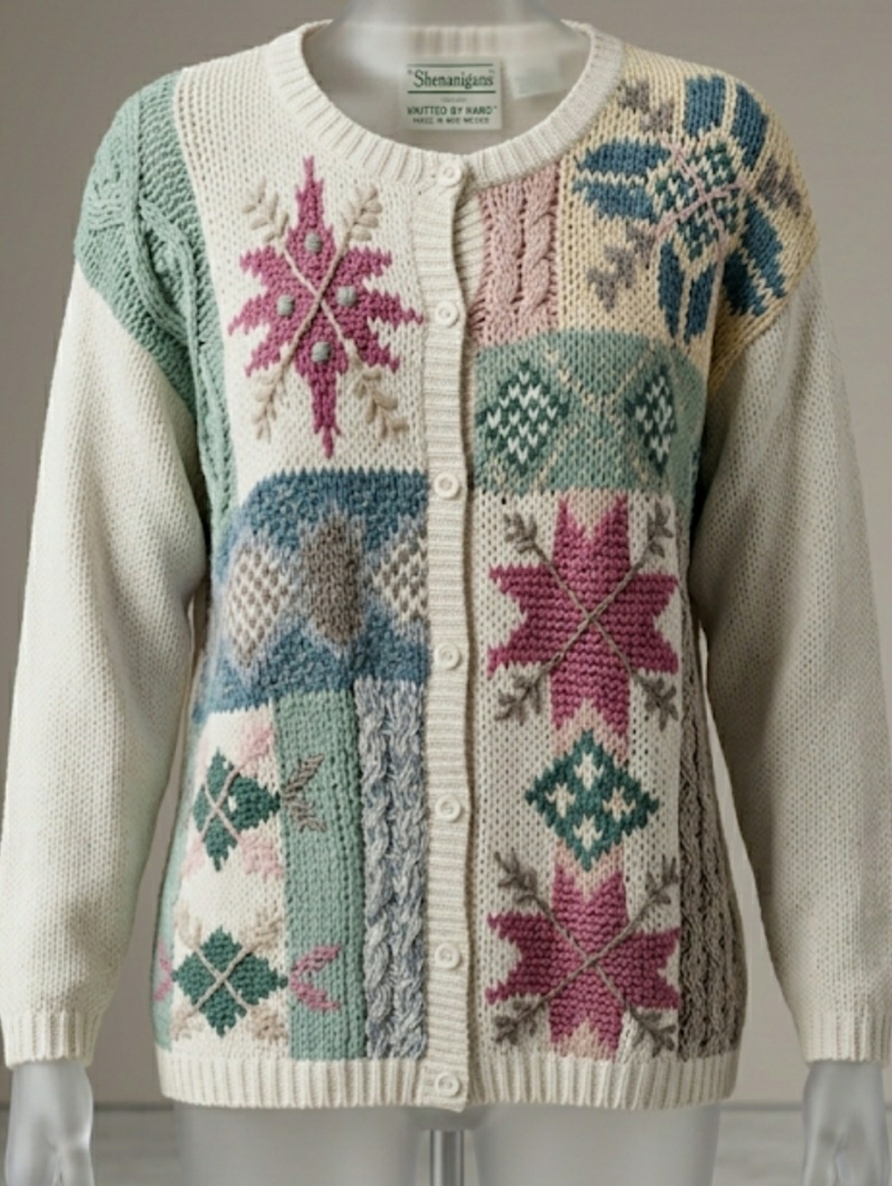 Vintage Shenanigans Knitted By Hand Cardigan Sweater Sz Lrg